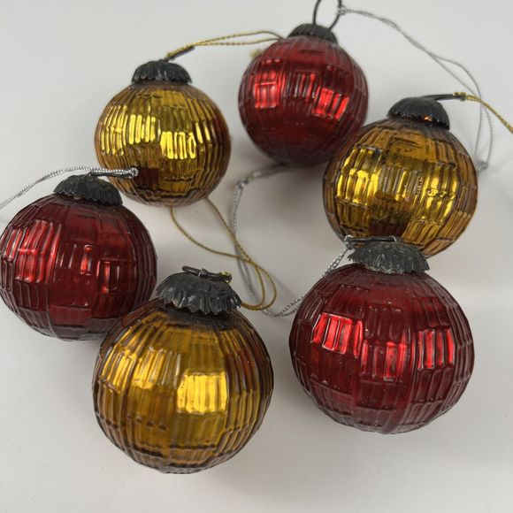 Vtg Kugel Style Thick Mercury Glass Scarlet Red &‎ Amber Ball Ornaments Set/6 - Picture 9 of 12